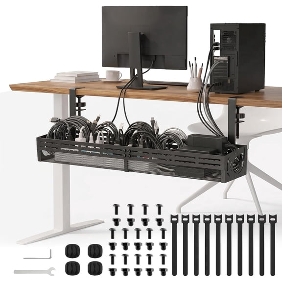 Merzark 15.4"-25.2" Expandable Under Desk Cable Management Tray, Screw-Lock Heavy Duty Metal Cord Organizer for Home Office, Black