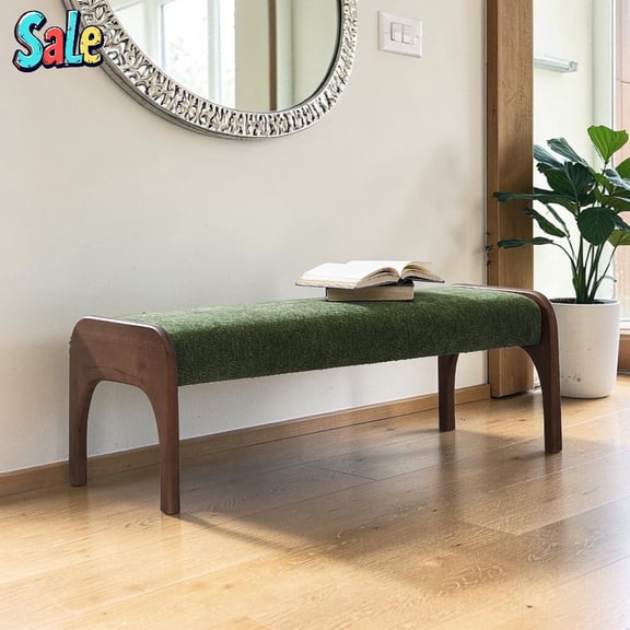 GZXS 50.25" Long Upholstered Bench with Chenille Thick Cushioned Seat & Solid Wood Legs, for Hallway, Foyer, Bedroom (Beige)