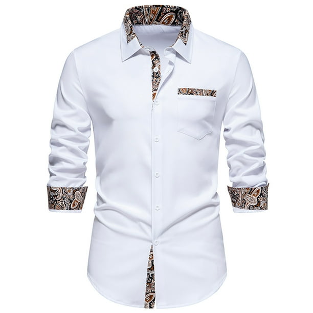 Blusa y camisa de manga larga con cuello vuelto para hombre, informal, con botones y retazos, de manga larga y cuello vuelto.