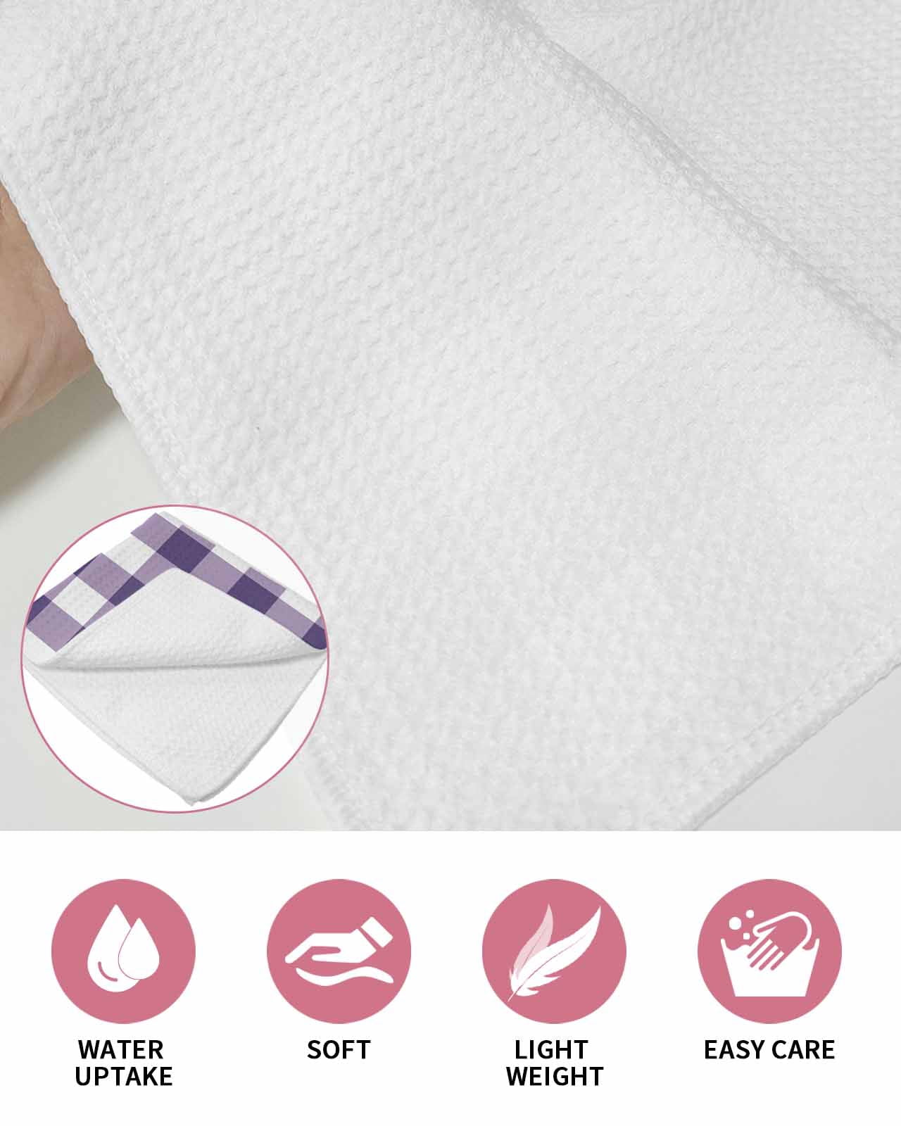 Purple Checkered Kitchen Dish Towels for Drying Dishes Set of 4, Farmhouse Buffalo Plaid Waffle Weave Microfiber Hand Tea Bathroom Towels Quick Dry & Absorbent Towel 15.7x23.6