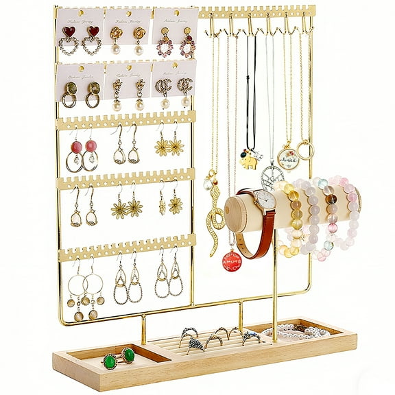 Remiawy Necklace Holder Display, 5 Tier Multi-Functional Jewelry Organizer Stand with Velvet Trays for Bracelets, Earrings, Rings, and Necklaces, Beige Velvet Jewelry Display Rack for Women