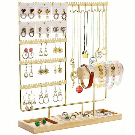 Topsome Necklace Holder Display, 5 Tier Multi-Layer Storage Organizer Stand with Velvet Trays, Jewelry Storage Rack for Accessories, Bracelets Storage, Rings Storage, Beige Velvet Vanity Organizer