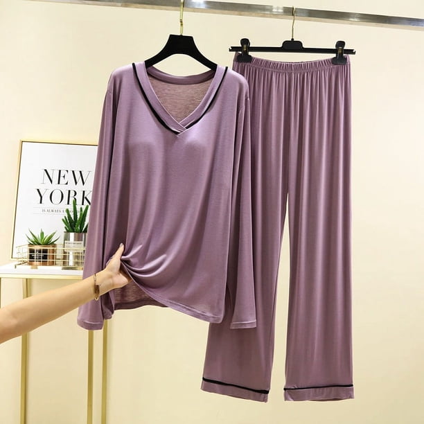 Traje de casa para mujer, conjunto de dos piezas con escote en V para casa de primavera y otoño con pijama con almohadilla para el pecho