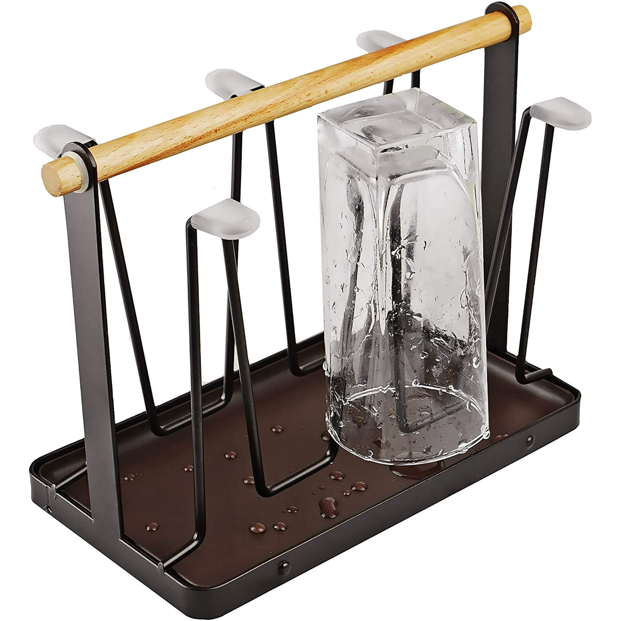 Drain Tray, Metal Organizer Wood Handle Cup Drying Rack Stand –
