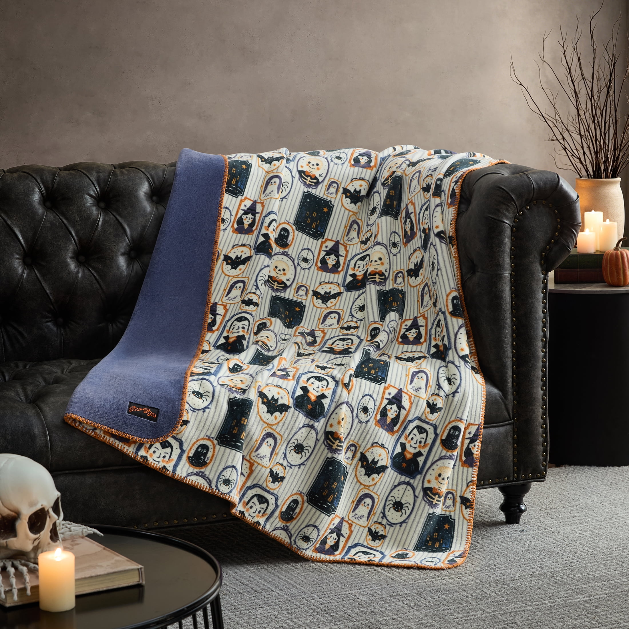 Boo-tique Halloween Soft Fleece Oversized Couch Throw Blanket, Spooky Portraits, Grey, 50 x 72 in