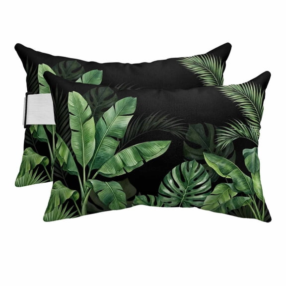 Outdoor Pillow for Chaise Lounge Chair Green Palm Leaf Monstera on Black Headrest Pillow Set of 2,11x16 inch, Summer Tropical Plant Waterproof Head Lumbar Pillows for Patio Pool Beach