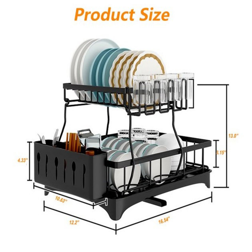 Kadyn 2 Tier Dish Rack with Utensil Holder for Kitchen Counter, Black Kadyn 2 Tier Dish Rack with Utensil Holder for Kitchen Counter, Black