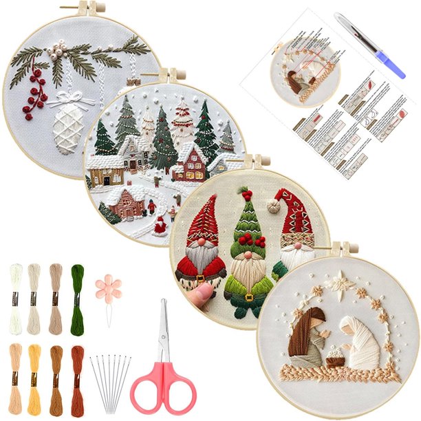 Set de 4 juegos de bordado navideño para principiantes con accesorios