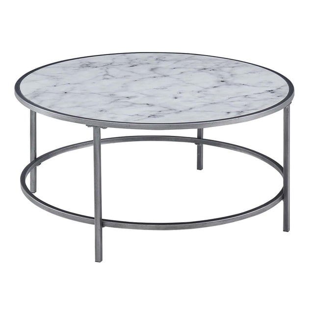 Convenience Concepts Gold Coast Faux Marble Round Coffee Table with Sturdy Metal Frame, White