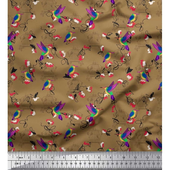 Soimoi Brown Cotton Cambric Fabric Cage & Humming Bird Print Fabric by the Yard 56 Inch Wide
