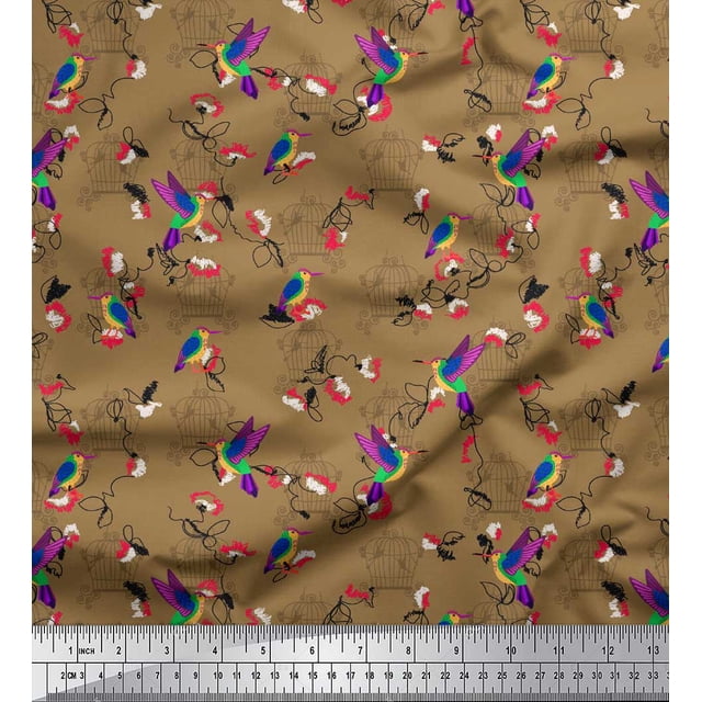 Soimoi Tissu Georgette Viscose Marron pour Cage et Colibris Imprimé 1 Yard 42 Pouces de Large