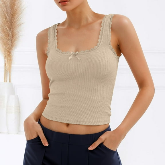 SHITINN Women's Neck Sleeveless Knit Ribbed Fitted Casual Crop Tank Top Thick Strap Tops for Women Tan Forever21 plus Size Women Camisole Crop Girls Top with Bra Spaghetti Strap Bra Crop Top Extra