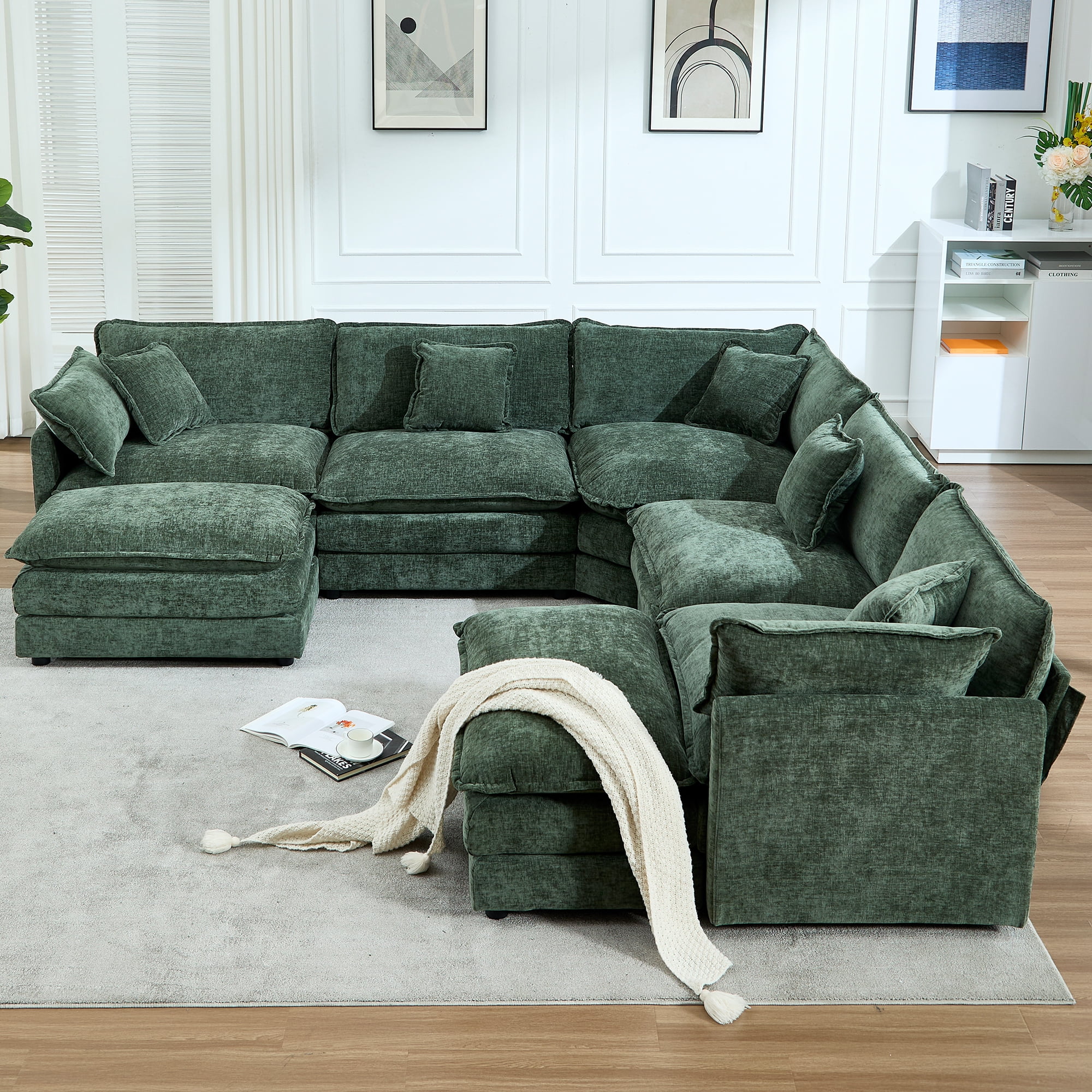 GNIXUU 113.4 " U-Shaped Cloud Couch ,Oversized Sectional Sofa with 2 Ottomans,Modern Chenille Deep Seat Modular 7-Seater Corner Couches for Living Room, Office,Green