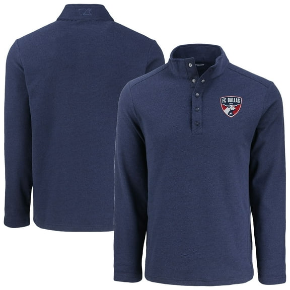 Men's-Cutter & Buck Navy FC Dallas Hunts Point Eco Textured Fleece Recycled Quarter-Snap Pullover