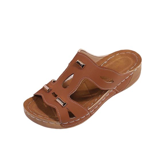 Women's Cutout Metal Accent Wedge Slide Sandals, Open-Toe Bohemian Platform Slip-On Summer Slippers