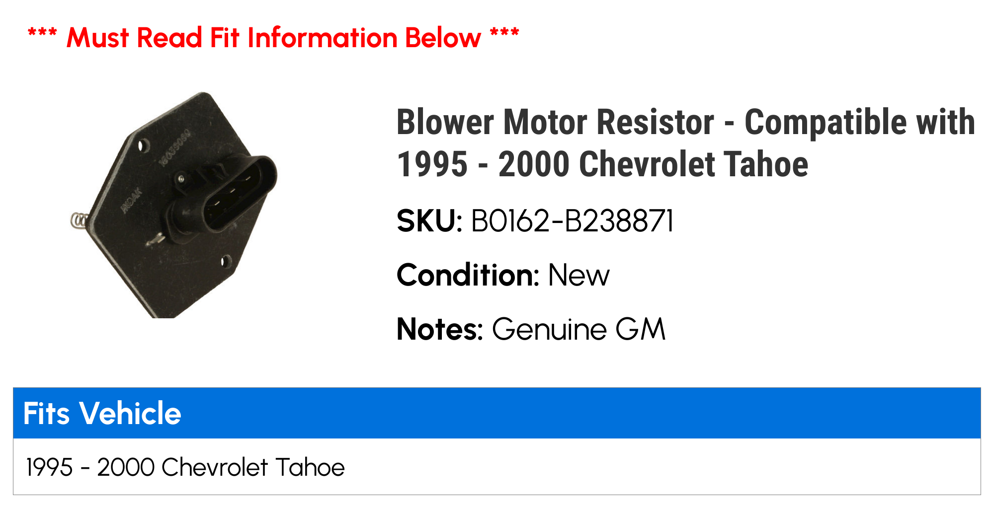 Blower Motor Resistor - Compatible with 1995 - 2000 Chevy Tahoe 1996 1997 1998 1999