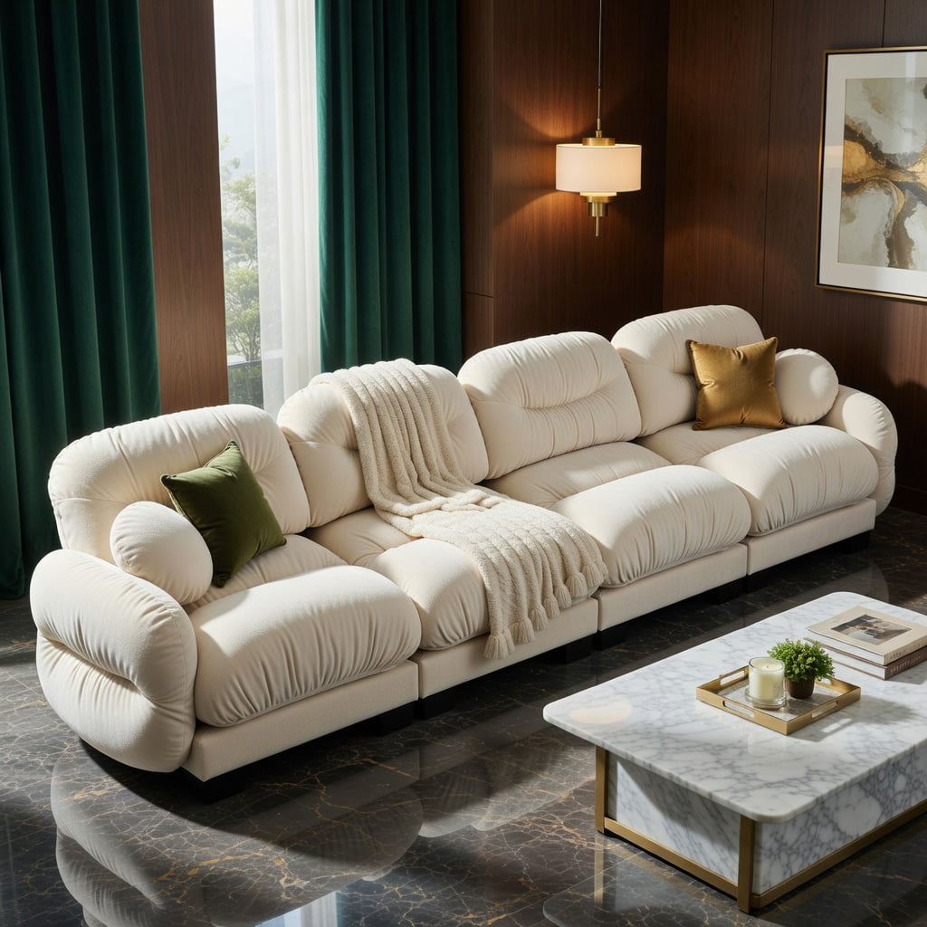 Hommoo Chenille 4-Seat Modular Sofa with Pleated Back, Ergonomic High-Density Foam Cushions & Curved Armrests, Includes 2 Round Throw Pillows, Beige