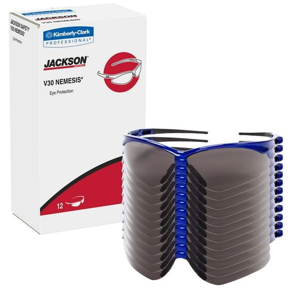 KleenGuard V30 Nemesis Safety Glasses (47387), Smoke (Safety Sunglasses) Anti-Fog Lens with Metallic Blue Frame, 12 Pairs / Case