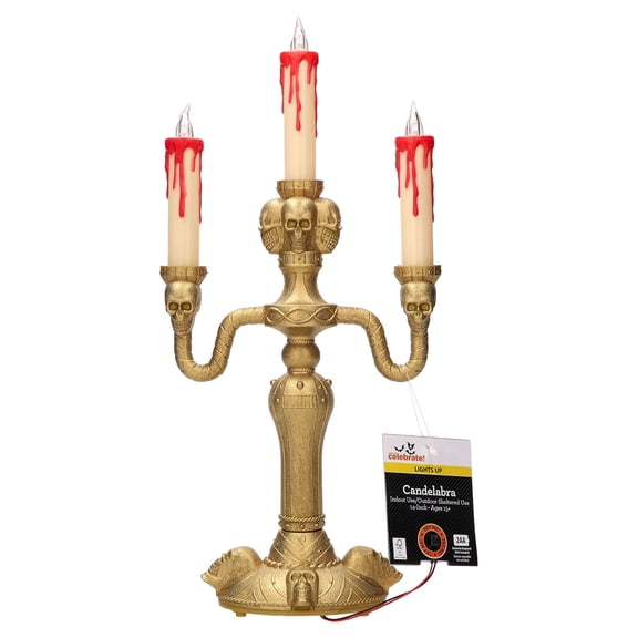 Light-Up Skull Candelabra Decoration, Gold, 13.75", Halloween by Way To Celebrate