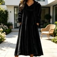 thumbnail image 2 of Women's Solid Hooded Drawstring Fleece Long Nightgown Long Sleeve Side Pocket Fluffy Warm Casual Home Lounging Sleep Dress Black, 2 of 5