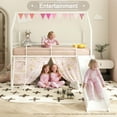 thumbnail image 3 of Bellemave Twin Loft Bed with Slide, Metal Junior House Bed with Curtain Set, Low Loft Beds Frame with Pennant Banner Flag and Star Stickers（White+Pink）, 3 of 9