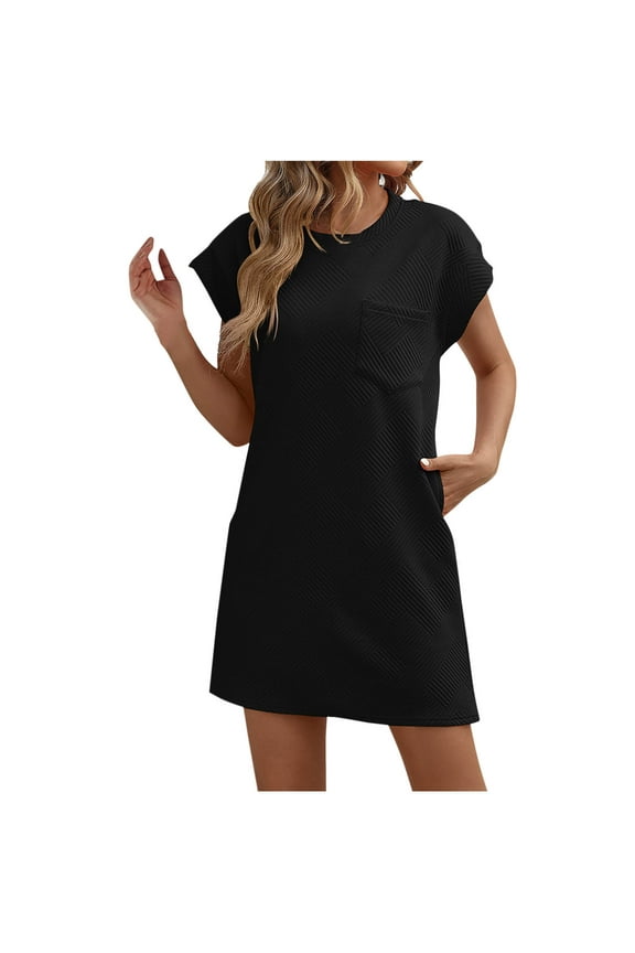 Women's Summer Short T Shirt Dress Cap Sleeve Crew Neck Casual Loose Basic Mini Dresses Black XL