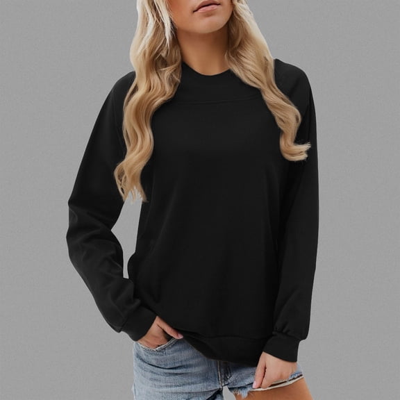 FASHOFT Crewneck Fall Sweatshirts for Women Trendy Womens Plain Long Sleeve Pullover Tops with Pockets Fashion Black L