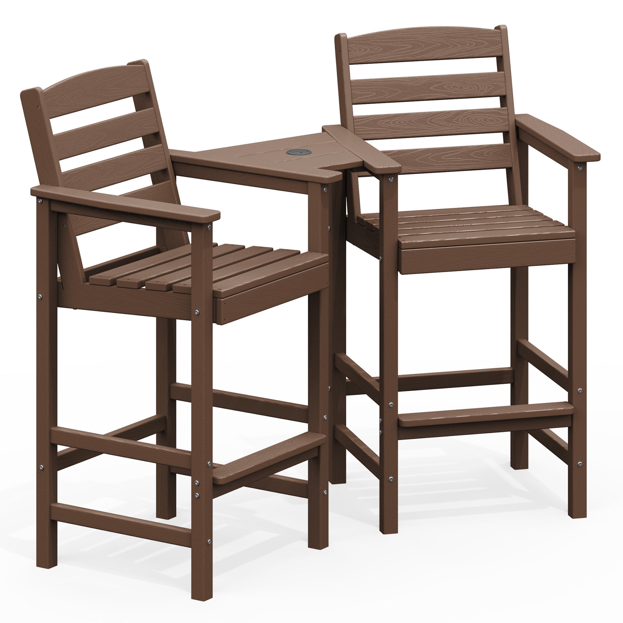 RIAFUN HDPE Height Bar Stools Set of 2 with Removable Connecting Table, Weather Resistant Outdoor Tall Adirondack Chairs with Umbrella Hole for Patio, Poolside, Garden, Brown