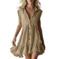 thumbnail image 2 of Vmvidoty Women Button Down Dress Loose Summer Dress Ruffle Hem Casual Dress Short Sleeve Tunic Dress Khaki 3XL, 2 of 6