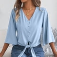 thumbnail image 5 of VEKDONE Women's V Neck Tie Front Blouse 3/4 Flare Sleeve Button Down Shirt Casual Loose Fit Lightweight Tunic Tops for Daily Wear Blue S, 5 of 7