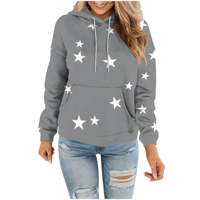 Womens Long Sleeve Hoods Outfits Sweatshirt Hooded Fall Winter Outfits 2025 Print Tops Pullover Hooded Sweatshirt Drawstring with Pocket Lightweight Loose Fit Sports Sweaters