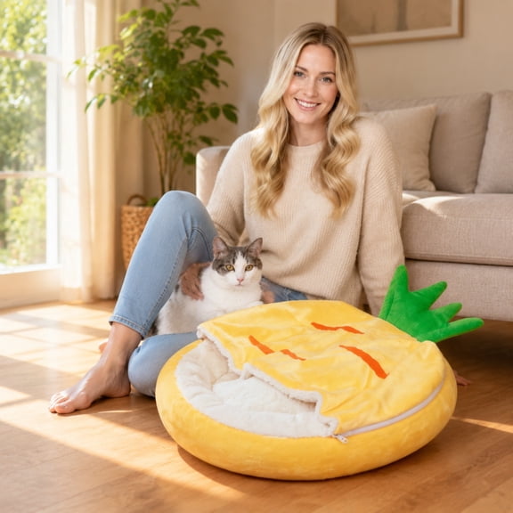 Cat Cave Bed, Self Warming Cat Bed for Indoor Cats, Cute Pineapple Cat House with Removable Washable Cushion, Warm Hideaway Sleeping Bag for Cats Kittens,Yellow