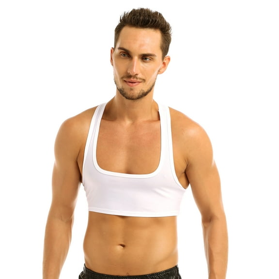 YIZYIF Mens Casual Sleeveless Half Tank Top Tee Y-Back Crop Top Vest Clubwear Costume White Medium