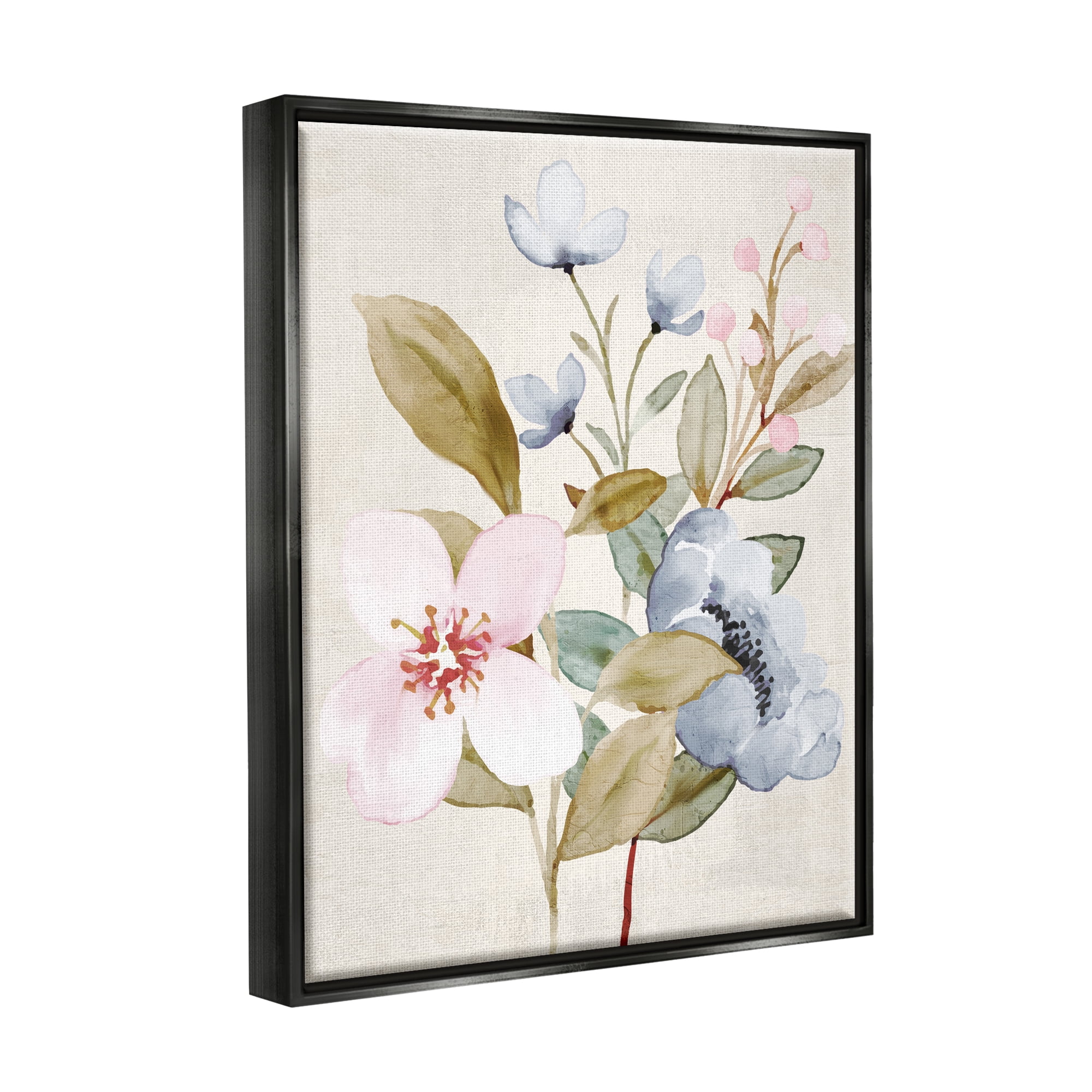 Stupell Industries Soft Pastel Flowers Botanical & Floral Painting Black Floater Framed Canvas Art Print Wall Art, 17 x 21