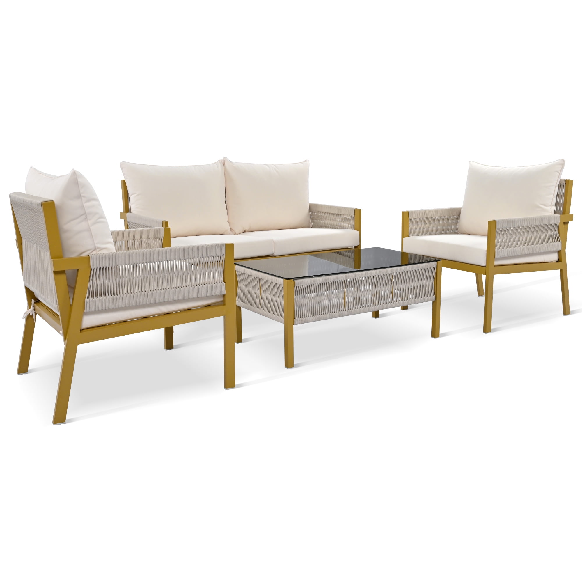 Aimee Lii 4-Pieces Patio Furniture Set, Patio Conversation Set with Tempered Glass Table and Thick Cushion, Outdoor Furniture for Backyard Porch Balcony, Beige Aimee Lii 4-Pieces Patio Furniture Set, Patio Conversation Set with Tempered Glass Table and Thick Cushion, Outdoor Furniture for Backyard Porch Balcony, Beige