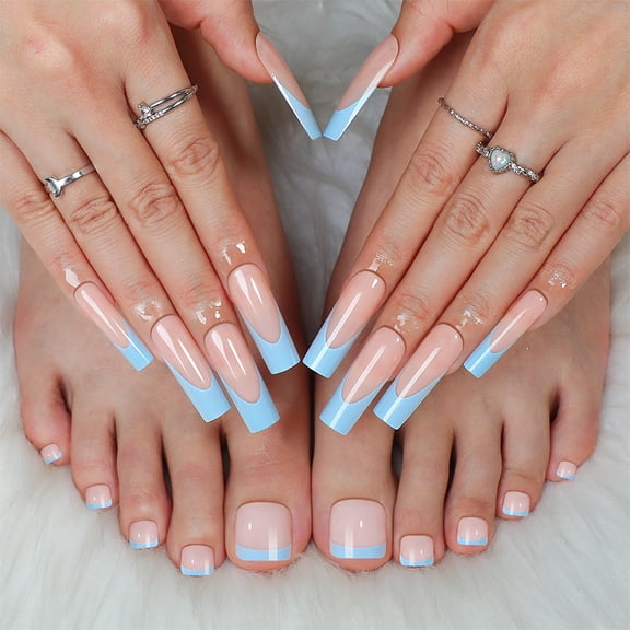 YTTAL (Buy 2 Get 1 Free)Pastel Blue French Tip Press On Nails - Long Square Coffin Fake Nails with Glossy Finish - 24Pcs Reusable Acrylic Nail Kit for Women & Girls - Perfect for Daily Wear & Special