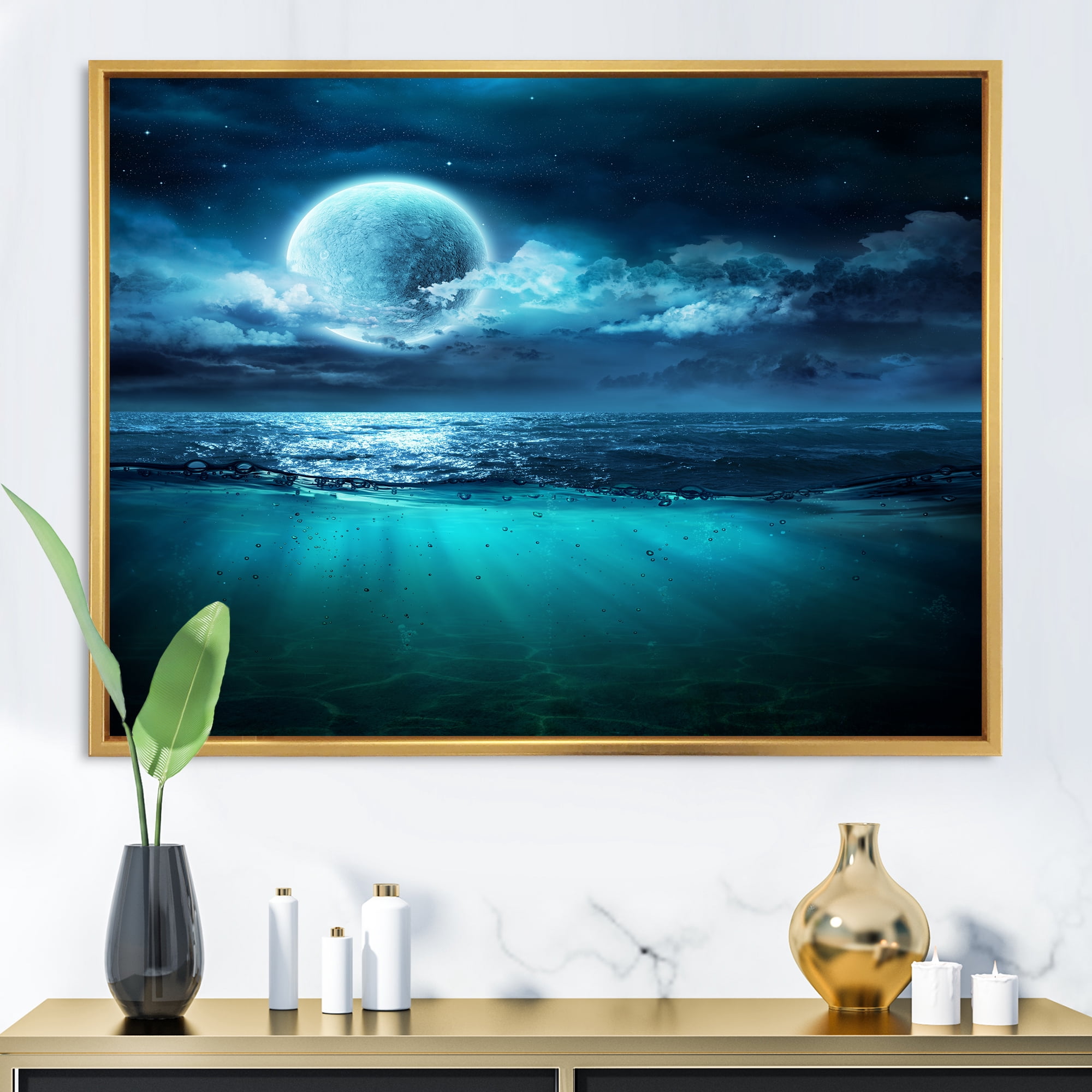 Designart 'Romantic Moon and Clouds Over Deep Blue Sea II' Nautical & Coastal Framed Canvas Wall Art Print