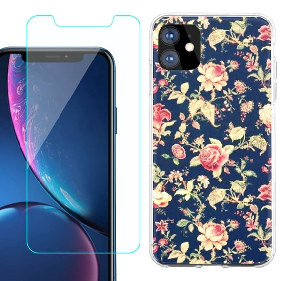 For Apple iPhone 11 Case , Slim-Fit TPU Protective Phone Case with Tempered Glass Screen Protector, by OneToughShield ® - Floral Garden