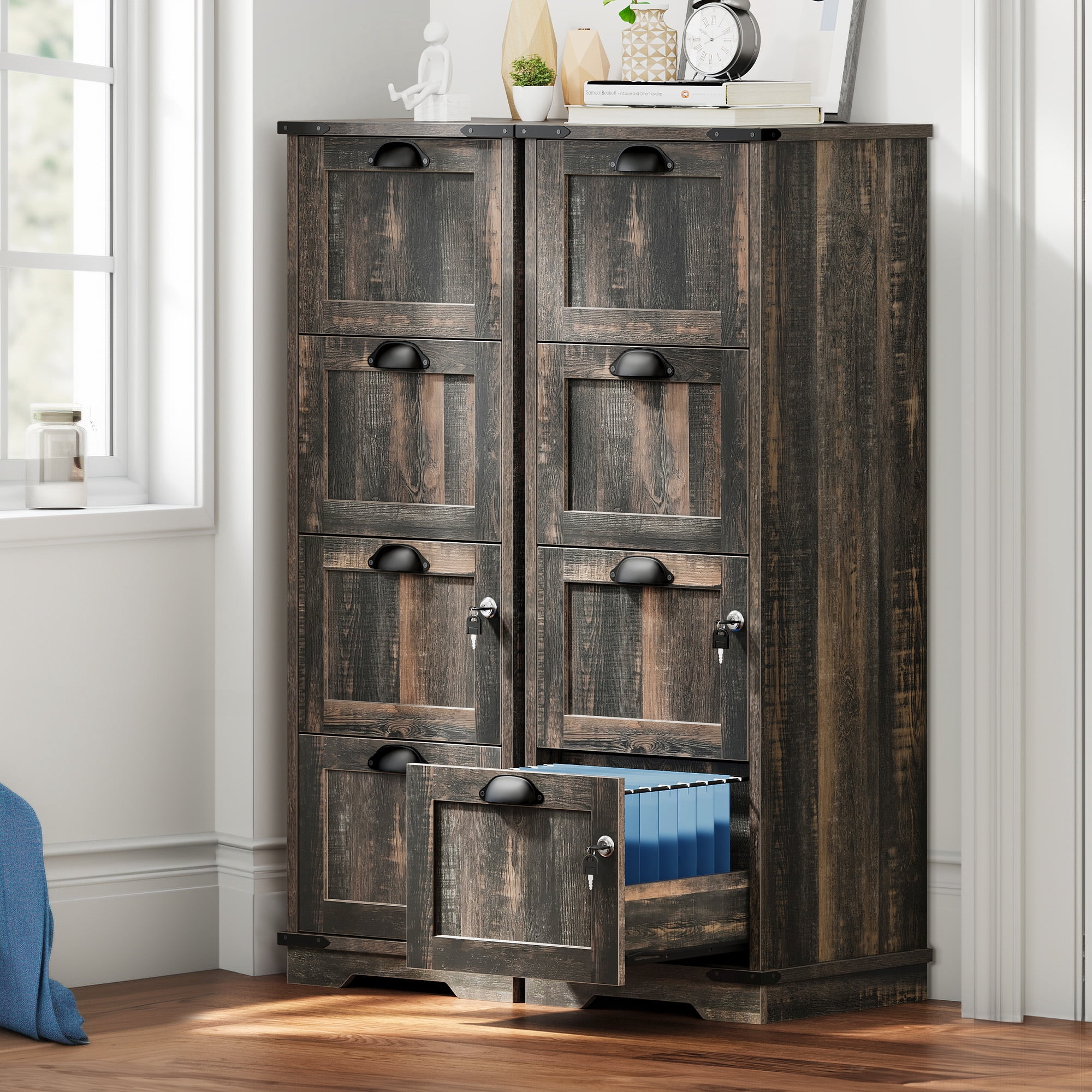 DEXTRUS 4-Drawer File Cabinet with Lock, 15.86" Deep Vertical Filing Cabinet, Rustic Grey