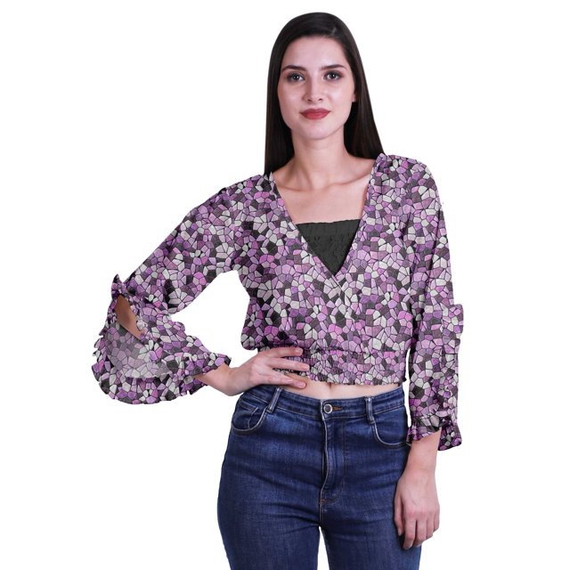 Moomaya Haut Court Imprimé pour Femmes Style Enveloppant Manches Longues à Volants Blouse d'Été Décontractée