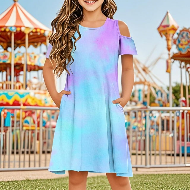 Économies d'Été! Robe d'Été pour Enfants, Robes Décontractées pour Filles en Liquidation, Robe Sans Manches Extensible pour Filles, Robe Trapèze Tournoyante pour Récital Scolaire, Robe à Manches Courtes et Col Rond