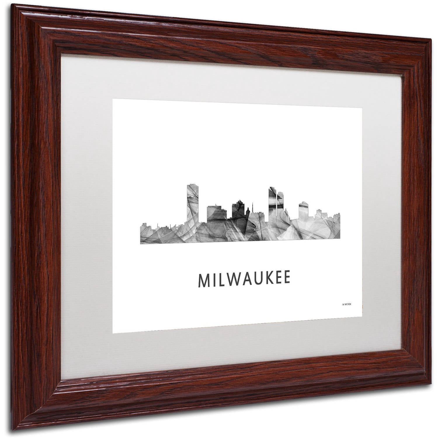 Trademark Fine Art 'Milwaukee Wisconsin Skyline WB-BW' Canvas Art by Marlene Watson, White Matte, Wood Frame