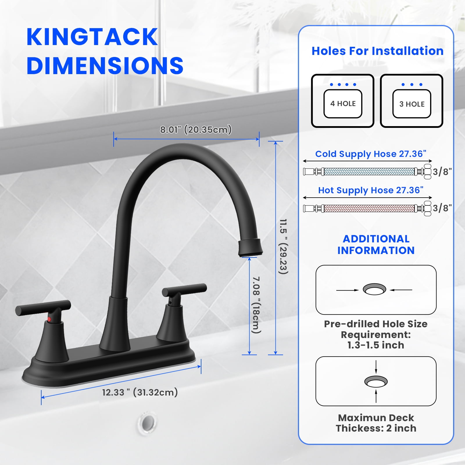 KINGTACK Two Handles Kitchen Faucet, 3 Hole or 4 Holel Faucet for Kitchen Sink, Matte Black