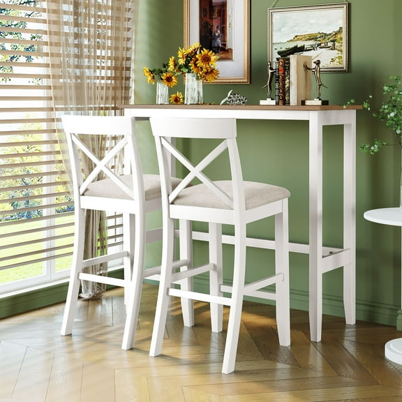 48 inch Farmhouse Bar Table Set 3-Piece, Rectangular Wood Bar Height Dining Set with 2 Upholstered Chairs, Kitchen Breakfast Nook Set for Small Spaces, Beige, Brown and White