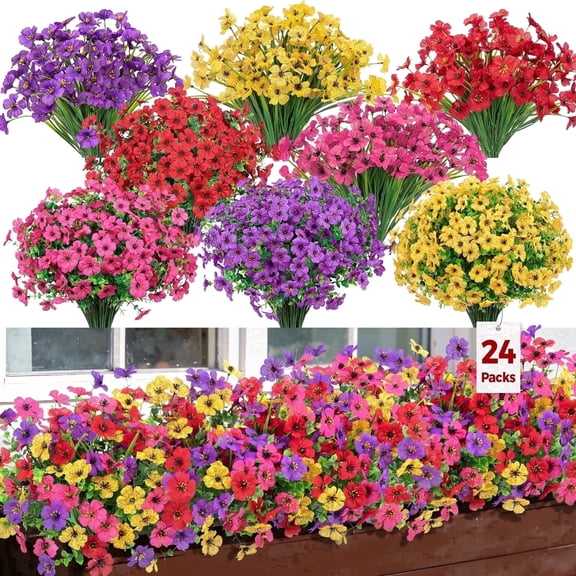 AcerichFad Artificial Flowers Outdoor, 24 Bundles Faux Silk Flowers Fake Plants for Outside Spring Summer Yard Garden Porch Patio Decor, Multicolor
