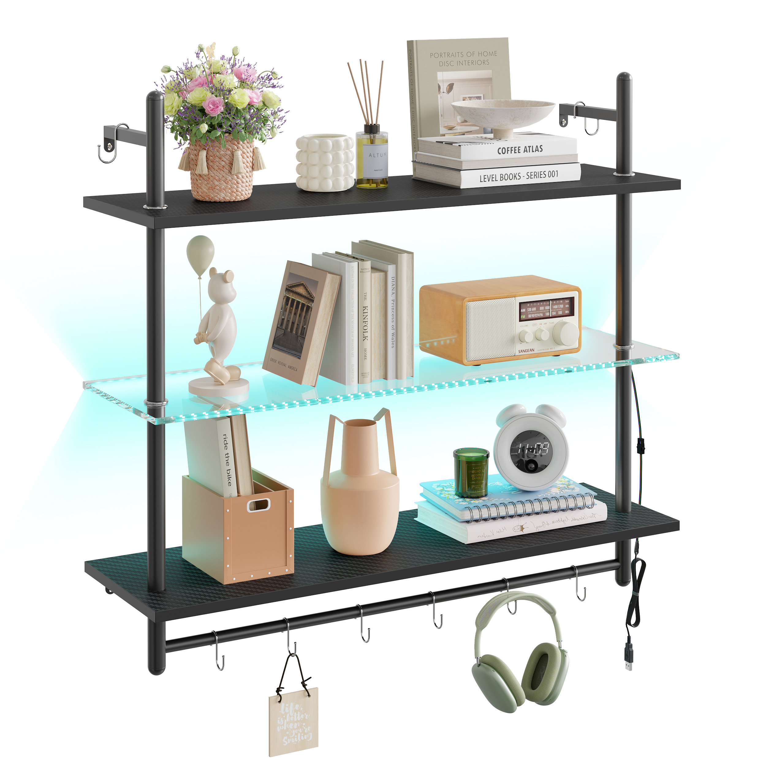 Bestier 41" Floating Shelves for Wall with LED Light 3-Tier Wall-Mounted Wood Shelves, Black Carbon Fiber - image 5 of 9