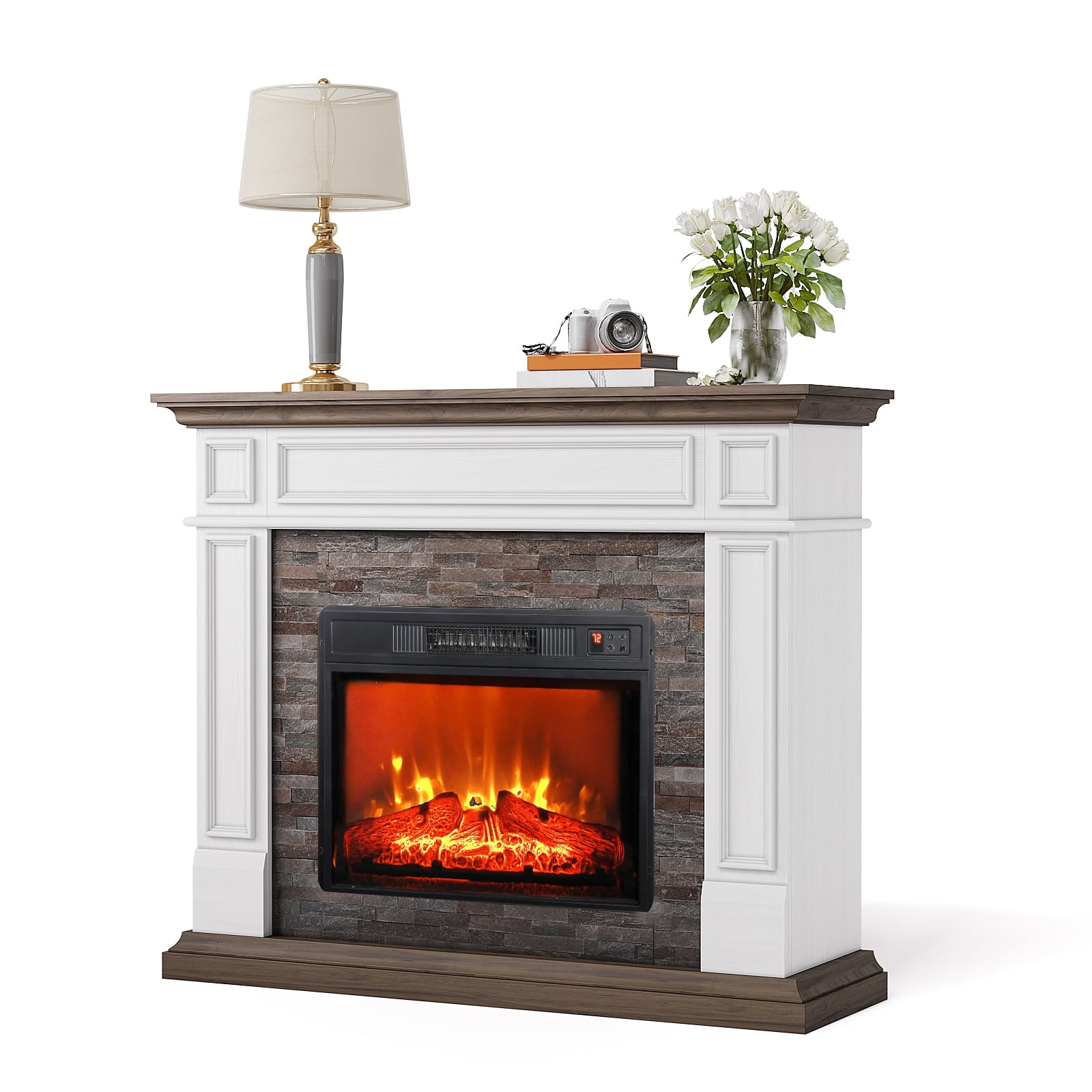 LGHM 44" Electric Fireplace with Mantel, Free Standing Fireplace Heater with Adjustable LED Flame for Living Room, Bedroom, Brown