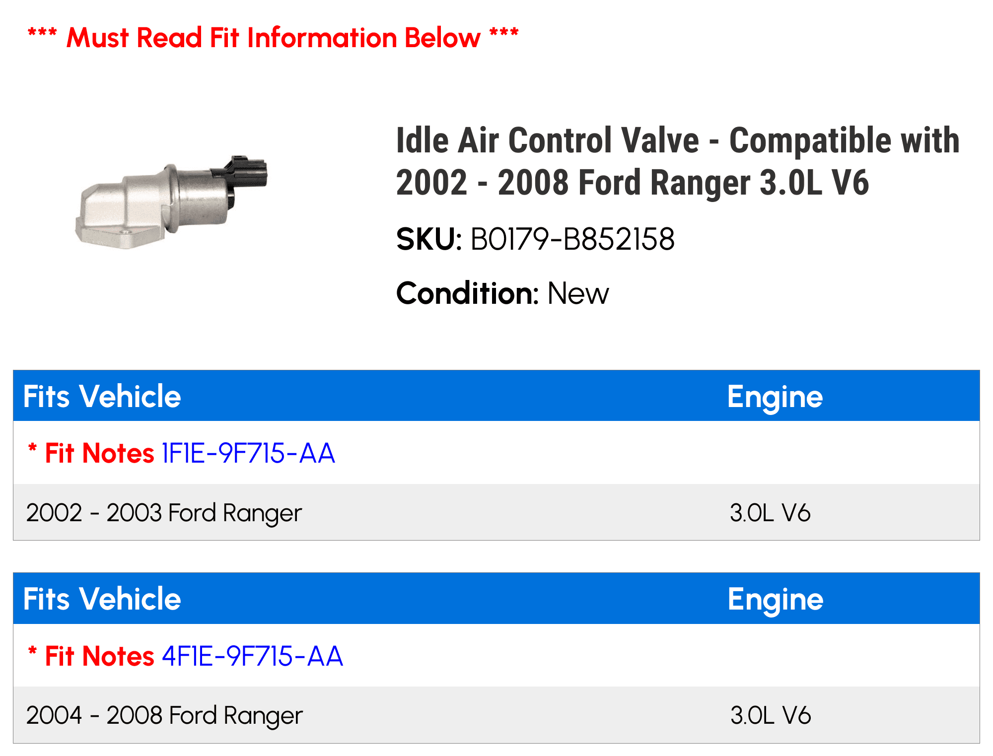 Idle Air Control Valve - Compatible with 2002 - 2008 Ford Ranger 3.0L V6 2003 2004 2005 2006 2007