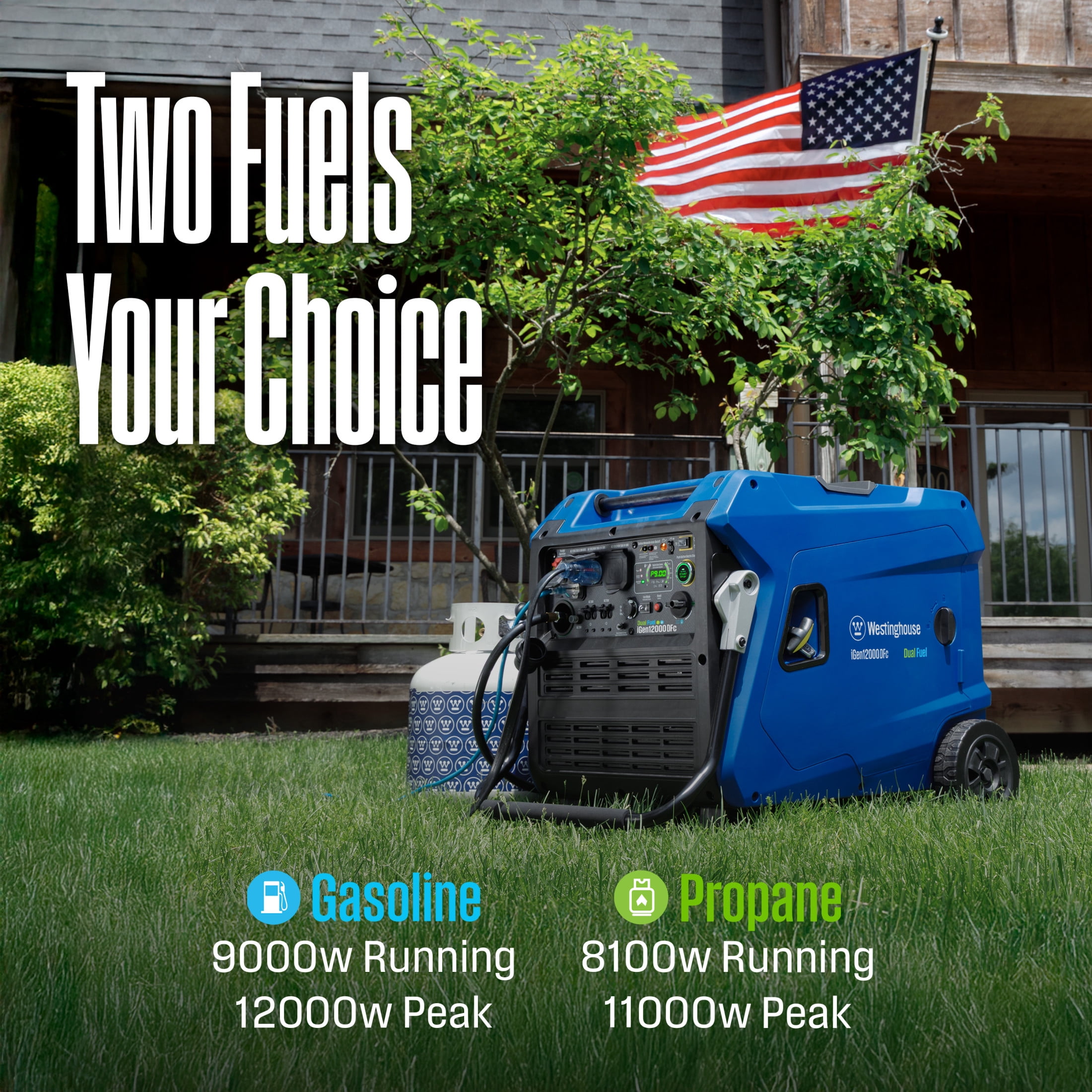 Westinghouse 12,000 Peak Watt Portable Inverter Generator, Dual Fuel, Remote Start with CO Sensor