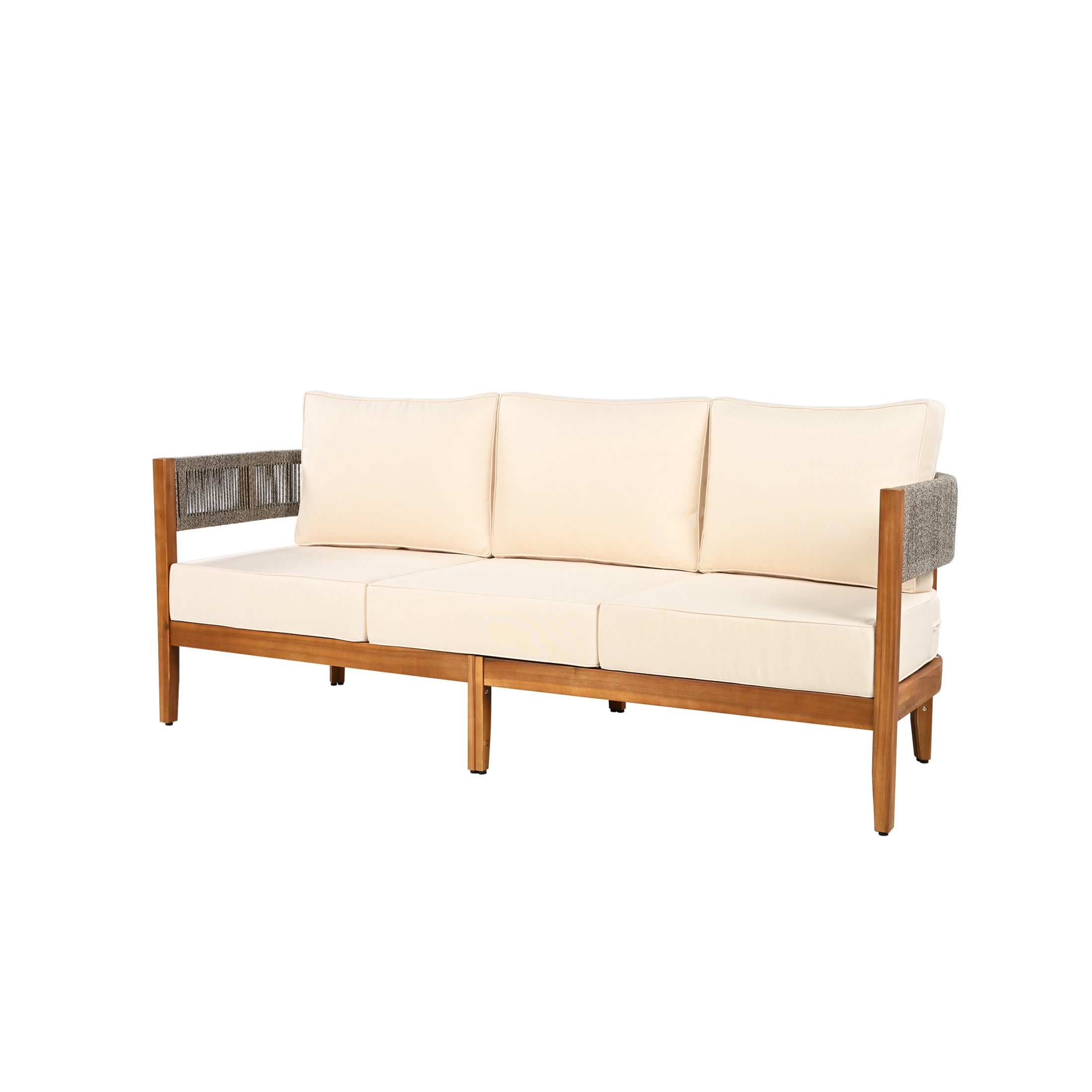 Christopher Knight Home Outdoor Acacia Wood 3-Seater Sofa with Woven Rope Accents and Beige Cushions, Teak